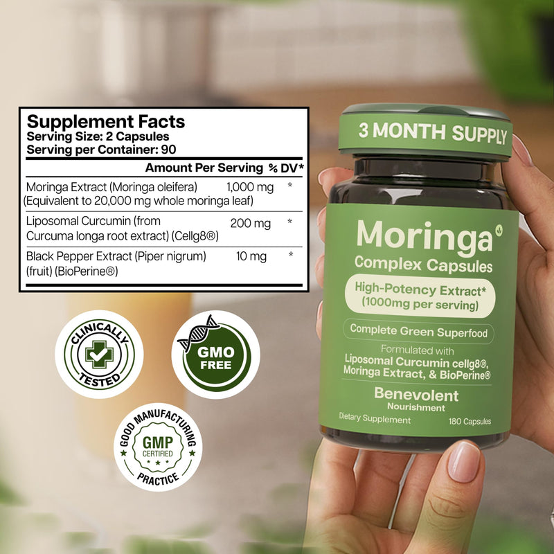Benevolent Moringa Capsules with Liposomal Curcumin & BioPerine® – 180 Caps | High-Potency Moringa Supplement for Antioxidant Support, Immune Resilience, Breastfeeding Support & Nutrient Absorption 180 Count (Pack of 1)