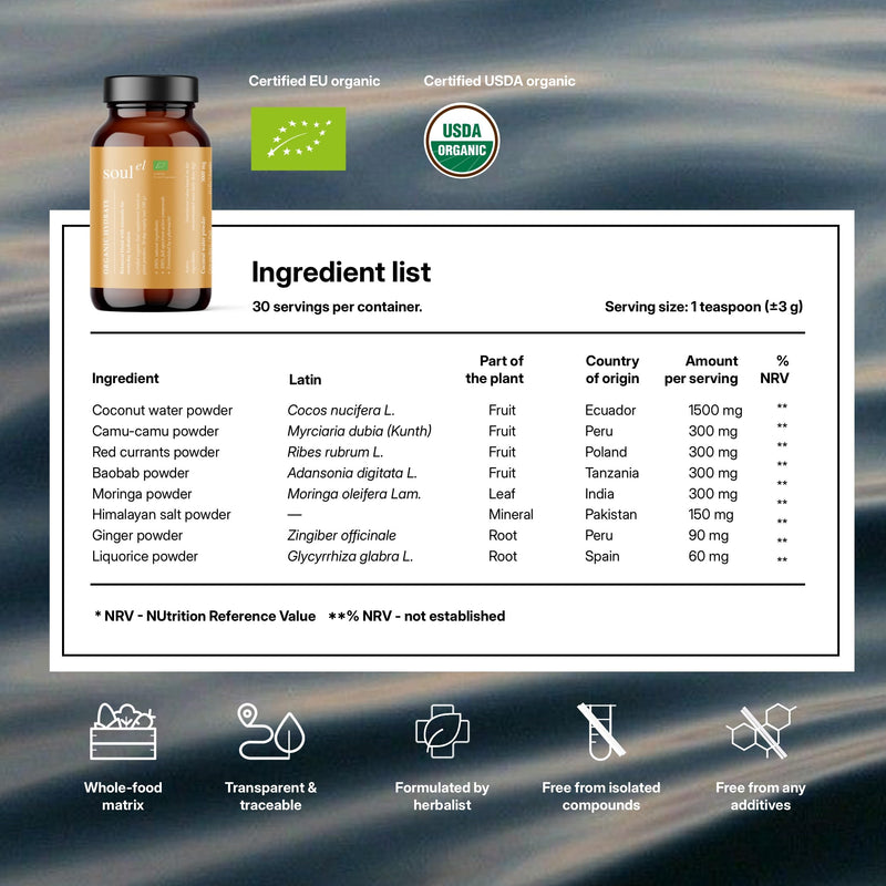 Organic Hydrate 100g - 30 Servings - Certified Organic Botanical Electrolyte Blend for Mineral Balance & Daily Hydration – Natural Vitamin C with Coconut, Baobab & Camu Camu