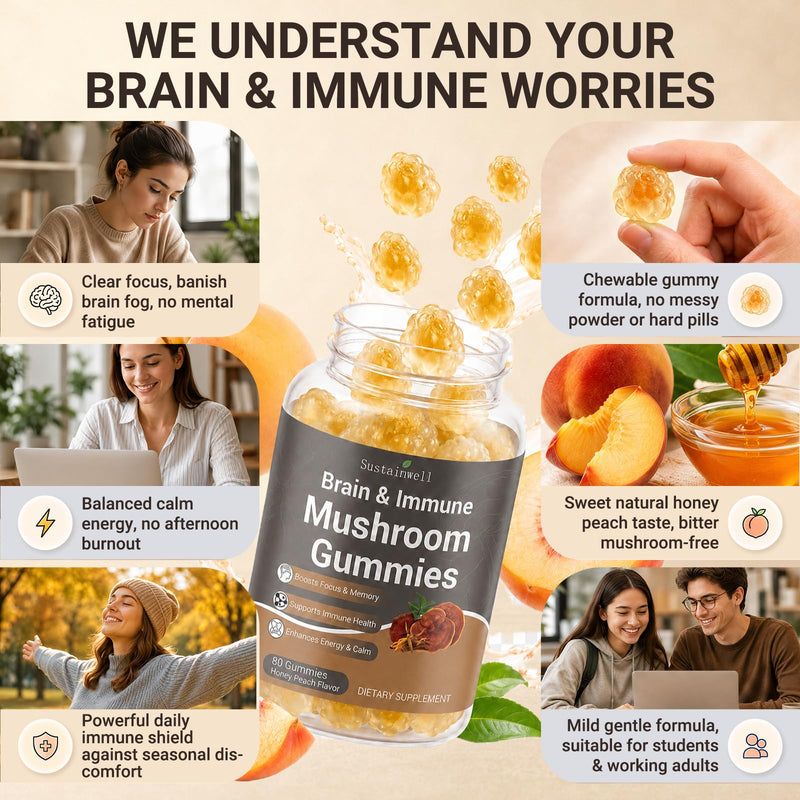 Brain & Immune Mushroom Gummies with Organic 10-Mushroom Blend, Elderberry, Vitamin C & D3 | for Focus, Memory, Immune Support & Balanced Energy, Honey Peach Flavor, 80 Gummies