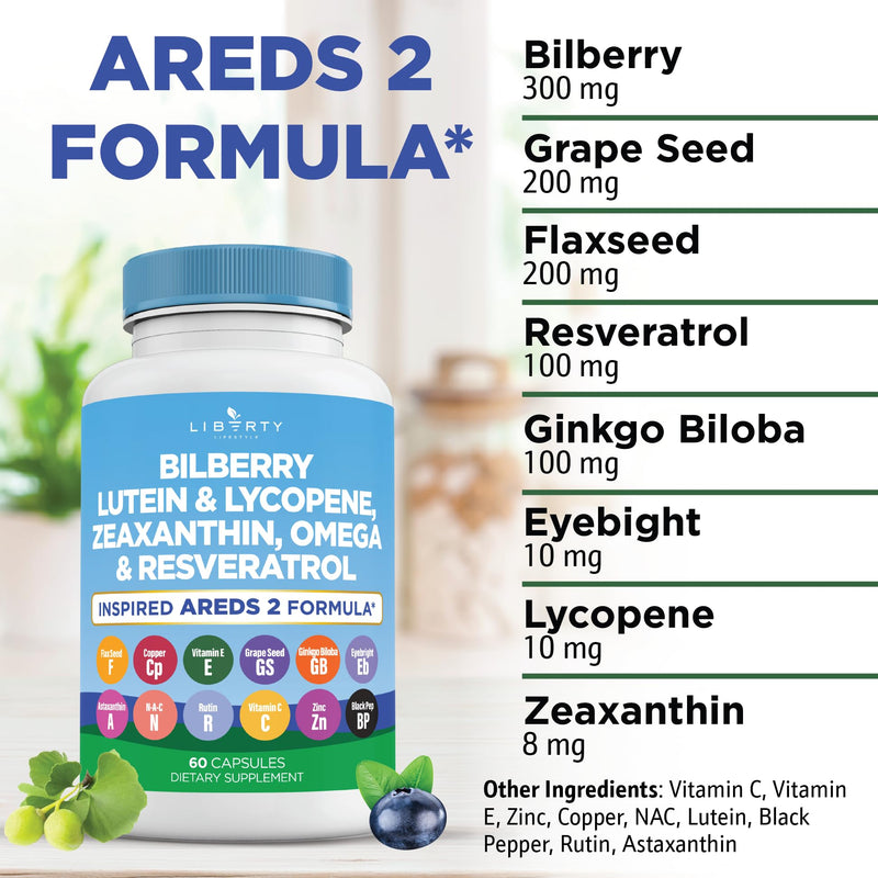 Liberty Lifestyle Eye Health Vitamins with Bilberry, Lutein & Zeaxanthin, Lycopene, Resveratrol, Grape Seed Extract, Flaxseed Astaxanthin- AREDS 2-120 Capsules 60 Count (Pack of 2)