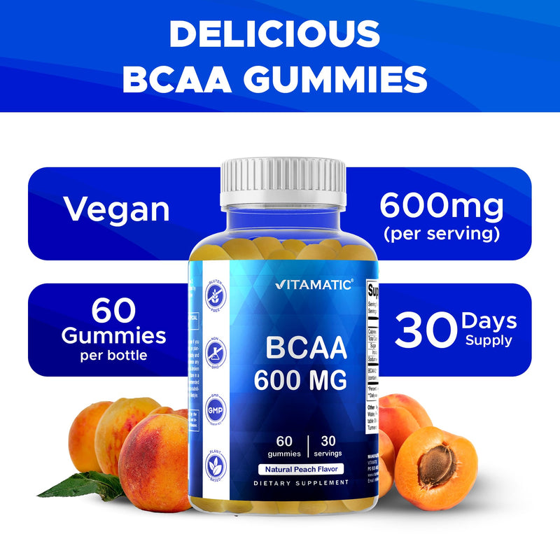 Vitamatic BCAA Gummies - Branch Chain Amino Acid Supplements - Peach Flavor - 600mg per Serving - 60 Vegan Pectin Based Gummies