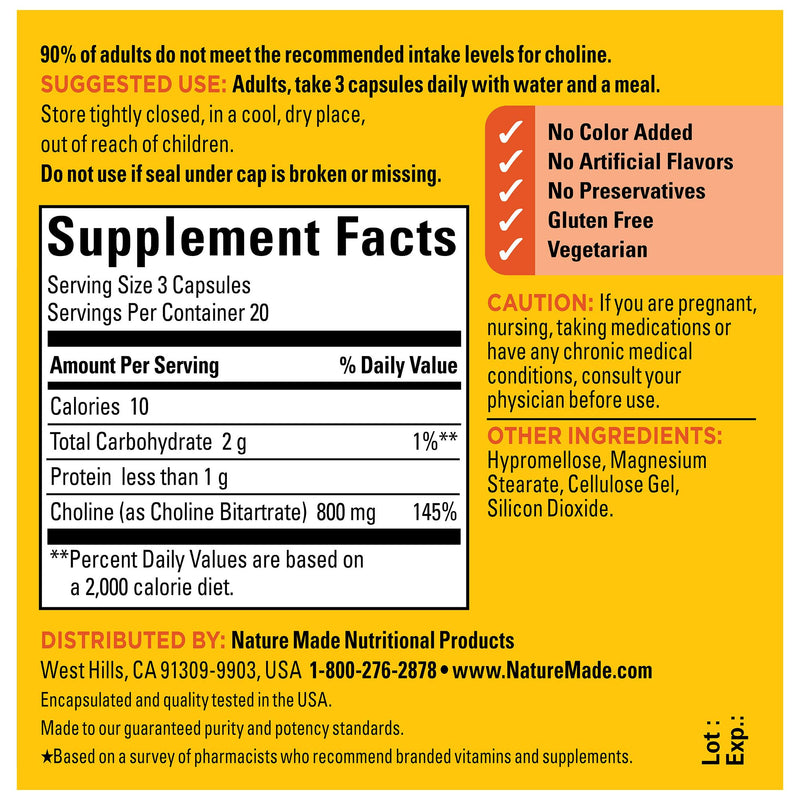 [Australia] - Nature Made Extra Strength Dosage Choline Supplements 800 Mg Per 3 Capsules, Brain Health, Mood, Muscle & Liver Support, Vegetarian, 60 Capsules, 20 Day Supply 