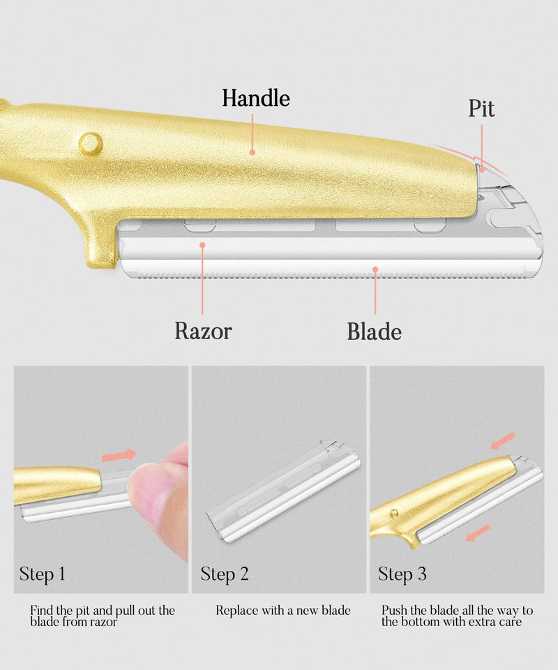 [Australia] - ennva Eyebrow Razor for Women - Eyebrow Trimmer Dermaplaning Tool- Ergonomic Eyebrow Shaper and Facial Razor for Peach Fuzz-Exfoliating Face Razor for Eyebrows-Eye Brow Shaver Razors w/ 7 Blades- Gold 