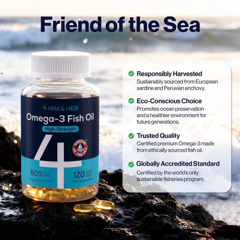 Omega 3 Capsules High Strength Fish Oil 1334mg – Easy to Swallow, No Fishy Taste – for Heart & Brain – 668mg EPA, 500mg DHA – 80% Concentrate Triglyceride Form – 120 Caps, 2 Month Supply – 4 HIM & HER