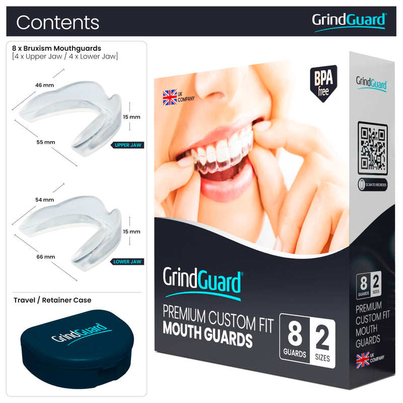 [Australia] - GrindGuard® Adult Mouthguards Against Bruxism, Clenching and TMJ Relief, 8 Gum Guards (2 Sizes) and Storage Case, Pack of 8, Clear 