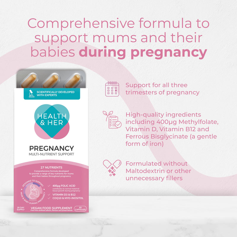 Health & Her Pregnancy Multi-Nutrient Support - Pregnancy Vitamins for Women - Contains Folic Acid, Selenium, Vitamin B12, Zinc and Magnesium - 1 Month Supply - 60 Capsules - Vegan & Gluten Free 60 count (Pack of 1)