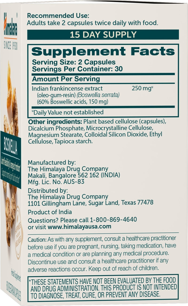 [Australia] - Himalaya Boswellia, Joint Support for Mobility and Flexibility, Promotes Tissue Preservation, 250 mg, 60 Capsules, 1 Month Supply, 2 Pack 60 Count (Pack of 2) 