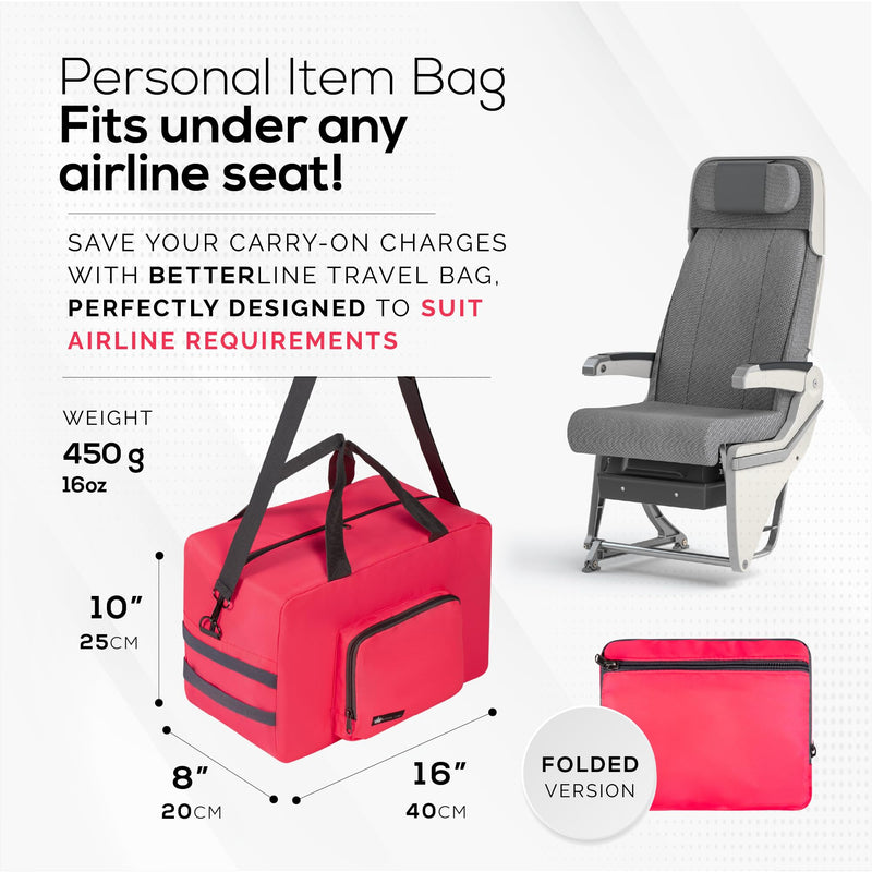 BETTERLINE Personal Item Travel Bag Airlines Underseat 16x10x8 Inches Red | 16x10x8 Inches Carry Cabin Duffel Holdall Tote Luggage Women Men Foldable Water Resistant Overnight Weekender Heavy Pink Red