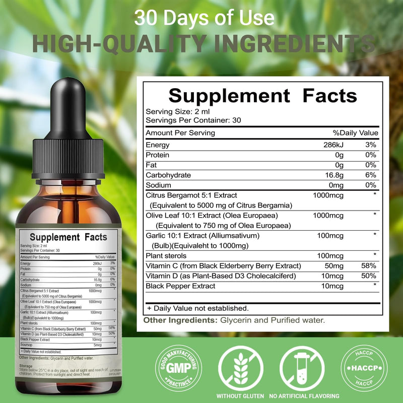 Citrus Bergamot Liquid Drops 60ml Vegan - Lower Cholesterol Levels - Cholesterol Complex Supplement 3000mg Equivalent Formula with Black Pepper & Olive Leaf - High Absorption Heart Health Supplement