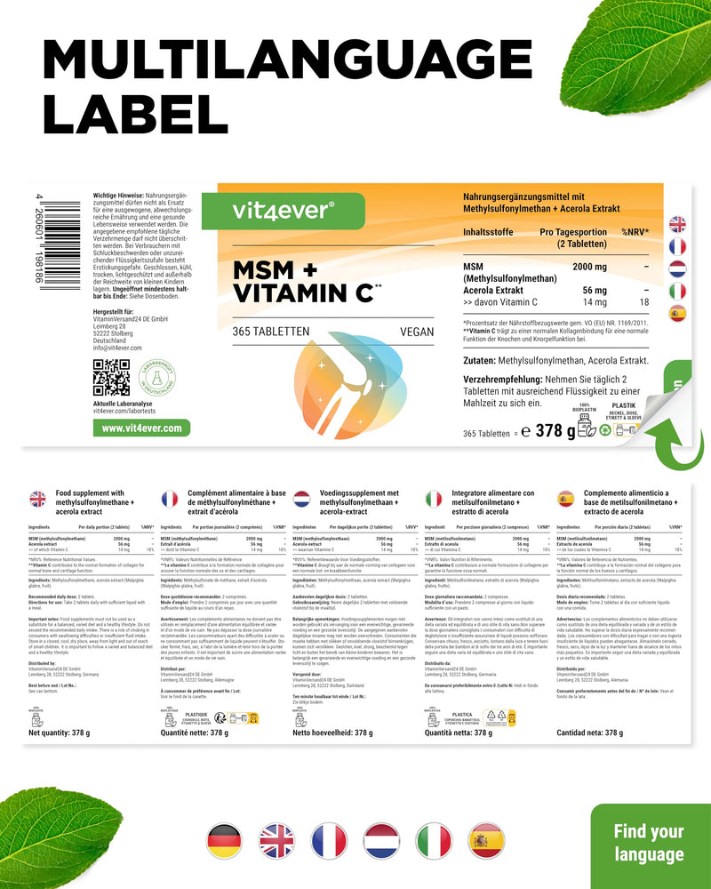 [Australia] - MSM 2000mg - 365 tablets - With natural vitamin C from acerola - No additives - 6 months supply - High dosage - Laboratory tested - Vegan 