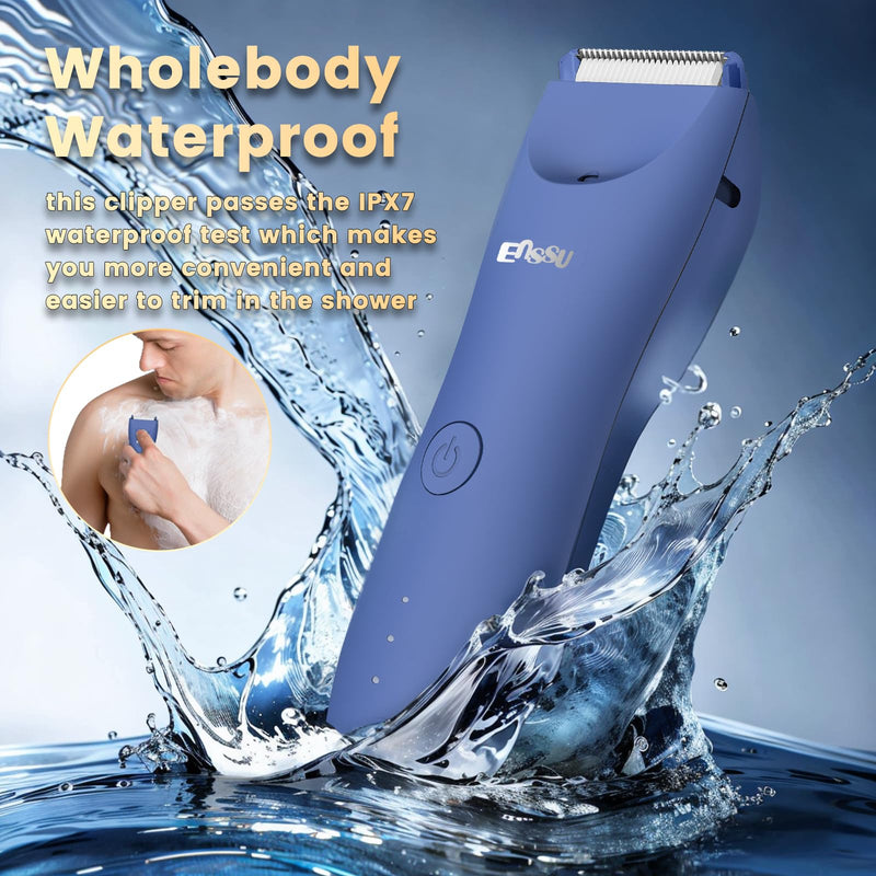 Electric Body Hair Trimmer for Men with Extra Skin-Safe Ceramic Blade, Ball Shaver Groomer w/LED Light& Charging Dock, Pubic Groin Hair Trimmer Male Razor Waterproof (Blue-with Charging Light)