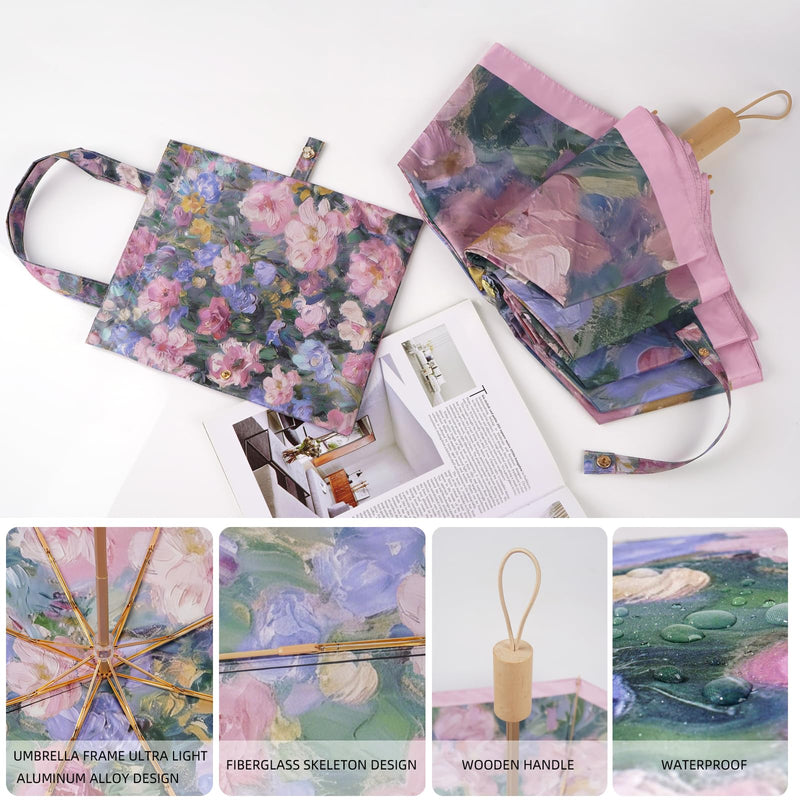 Elegant Double Layer Classical Floral Oil Painting Folding Umbrella for Women Windproof Rain & Sun UV Protection Parasol with Cover Blush of the Rose Briar