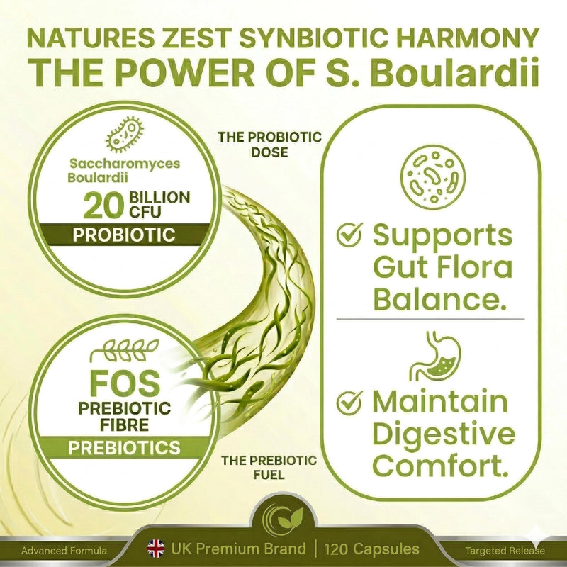 Saccharomyces Boulardii 20 Billion CFU - 120 Capsules | High Strength Prebiotics and Probiotics for Women & Men | Digestion Supplement with Natural Postbiotic Benefits | Vegan | 4 Months Supply