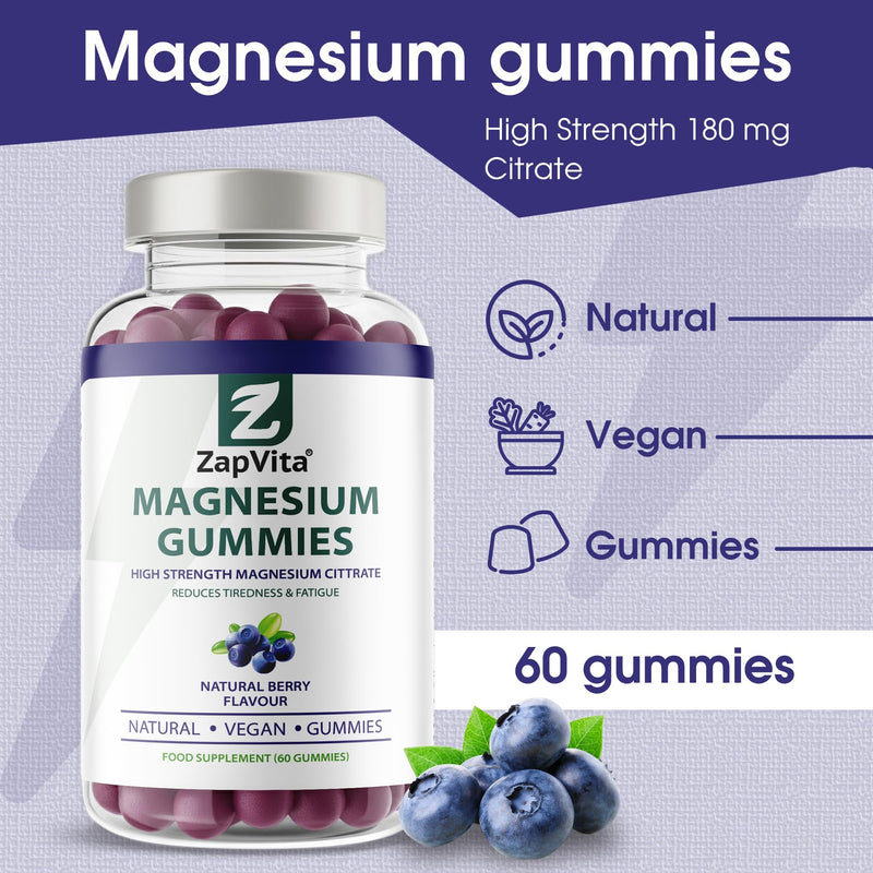 Magnesium Gummies High Strength 180mg - Chewable Magnesium Citrate Supplement for Sleep, Calm & Muscle Recovery - Vegan, Gluten Free & Non-GMO - Natural Berry Flavour for Adults & Kids - Made
