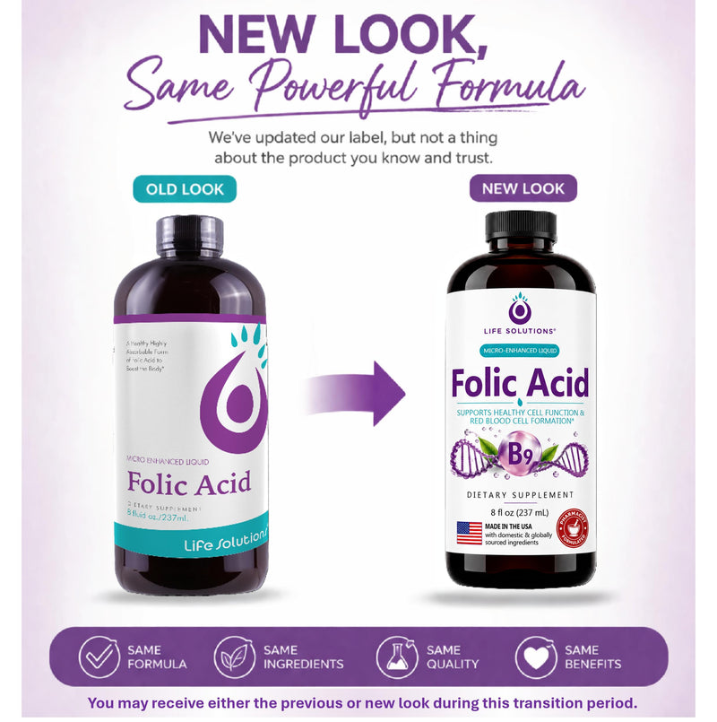Life Solutions Liquid Vitamin B9 Folic Acid 800mcg Berry - 8oz | 800 mcg Liquid Vitamin B9 (Folic Acid) Berry Flavor – Fast absorption for prenatal, heart & brain support