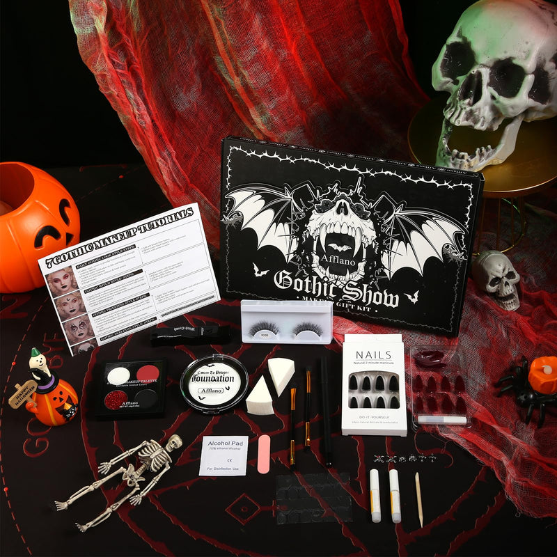 [Australia] - Afflano Goth Makeup Kit Halloween Costume, SFX Clown Goth White Foundation Face Paint, Lipstick Black Red Eyeshadow, False Eyelashes Nail Eyeliner Eyebrow Carnival Theater Emo Mime Ghost Gothic Makeup 