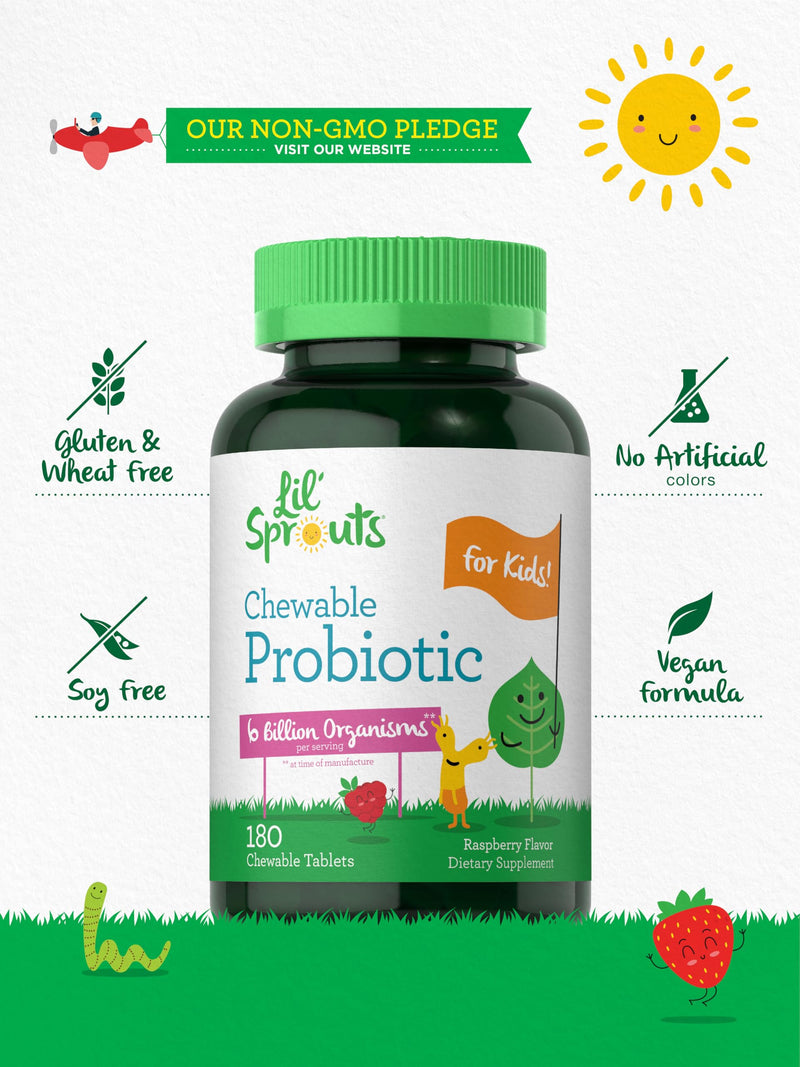 Carlyle Chewable Probiotics for Kids | 180 Tablets | 6 Billion CFUs | Raspberry Flavor | Non-GMO & Gluten Free Supplement | by Lil' Sprouts 180 Count ( Pack of 1)