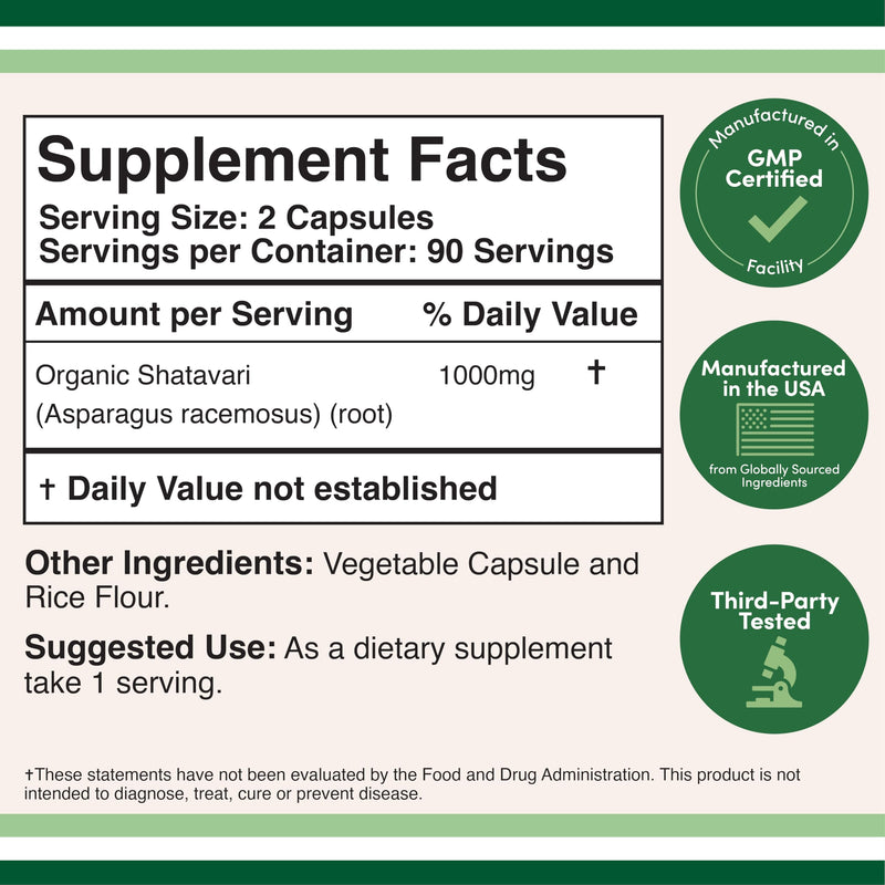[Australia] - Organic Shatavari Capsules - 1,000mg Organic Shatavari Powder Per Serving (180 Capsules, 90 Day Supply) for Hormone Balance and Prolactin Production (Non-GMO, Gluten Free, Vegan Safe) by Double Wood 