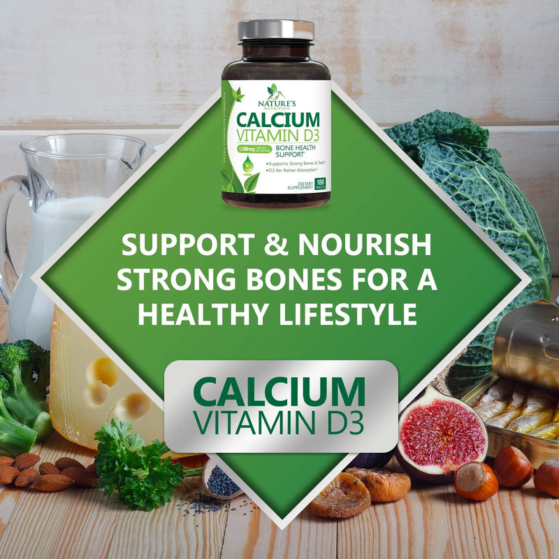 Calcium Supplement with Vitamin D3-1200 mg Calcium per Serving with D3 for Best Absorption - Supports Immune Health, Bones & Teeth - Nature's Calcium is Bottled in USA for Women & Men - 180 Tablets 180 Count (Pack of 1)