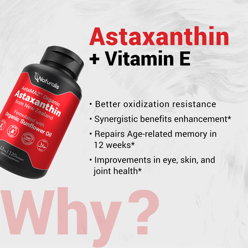 Naturalis New Zealand Astaxanthin (12mg) | Enhanced with Natural Vitamin E | Non-GMO, Soy & Gluten Free | 120 Softgels (4 Month Supply) 1 Count (Pack of 120)