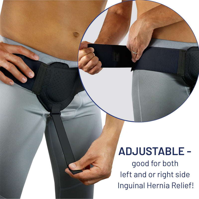 [Australia] - Everyday Medical Inguinal Hernia Support Belt for Men I Fits Left or Right Side I Post Surgery Men and Womens Hernia Support Truss for Inguinal, Groin Hernias I Adjustable Waist Strap I Black | S/M Small/Medium (34-44 IN) 