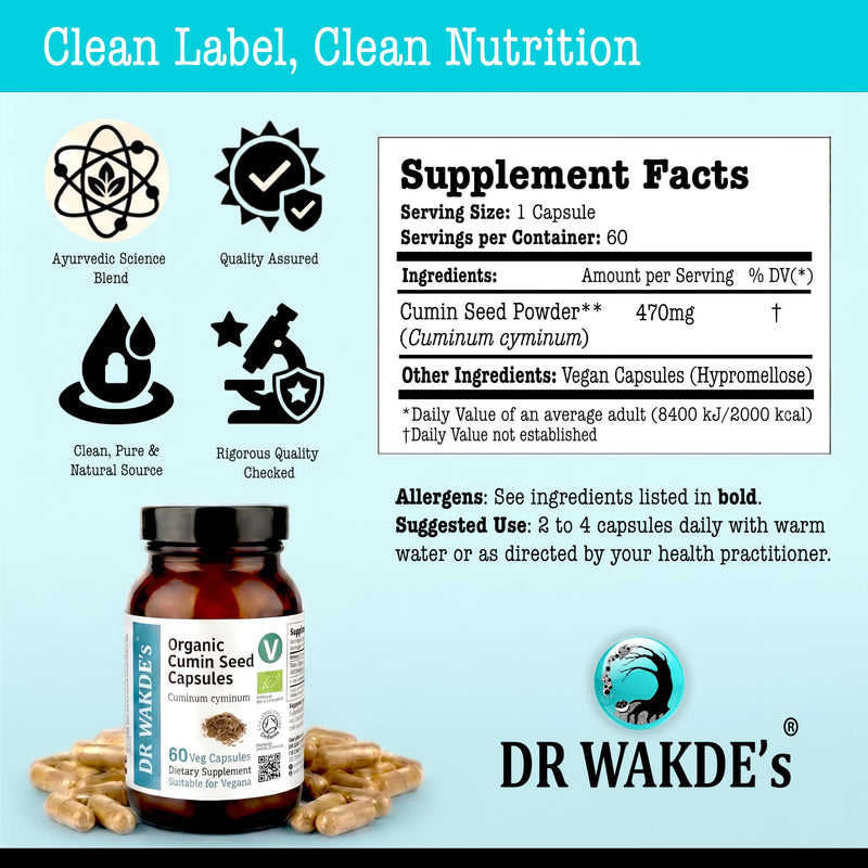 DR WAKDEs Organic Cumin Seed Capsules I 60 Veg Capsules I Herbal Supplement I Vegan Friendly I Ayurveda