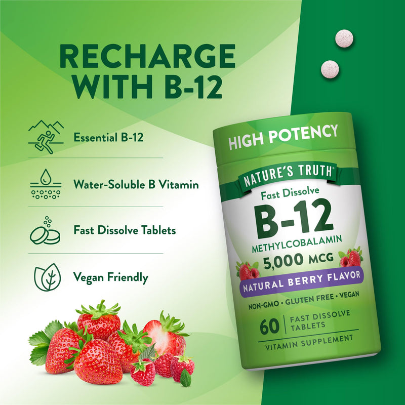 Nature's Truth B12 Vitamin | 5000 mcg | 60 Tablets | Fast Dissolve Natural Berry Flavor | Vegan, Non-GMO & Gluten Free Supplement