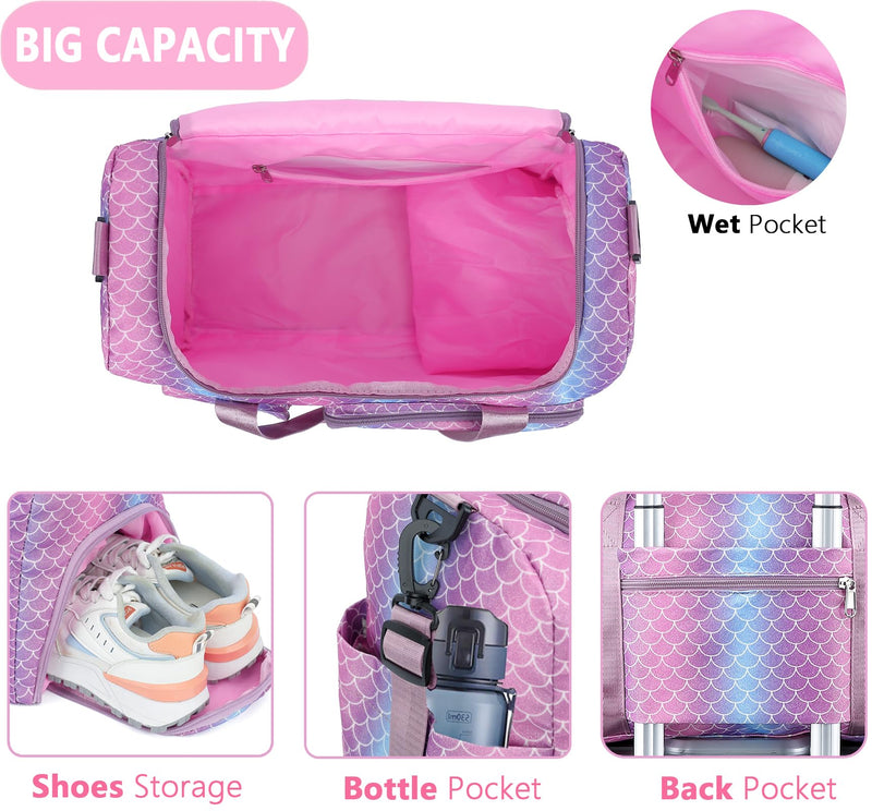 Birthday Gift for Teen Girl Gifts Trendy Stuff, Kids Duffle Bag | Girls Initial Travel Gym Bag with Shoes Compartment | Personalized Weekender Bags, Mermaid Purple E