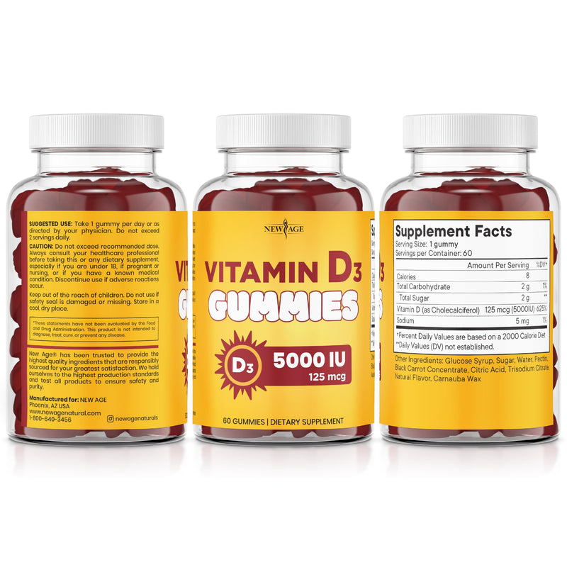 NEW AGE Vitamin D3 5000 IU 125mcg Gummies - Immune Supplement - Non-GMO, Gluten-Free, Dairy-Free, No Gelatin (120 Gummies (Pack of 2)) 120 Gummies (Pack of 2)