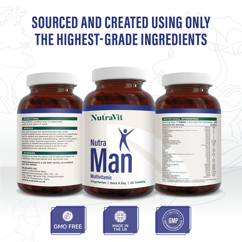 NUTRAMAN - Mens Multivitamin | Vitamins for Men - 30 Tablets - 34 Vitamins & Minerals - Daily Vitamins for Energy & Health - with Probiotics, Panax Ginseng, Amino Acids & Methyl B12 - NutraVit