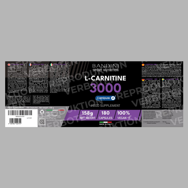 [Australia] - Bandini® L-CARNITIN Carnipure® 3000, 180 capsules, L-Carnitine, pure carnitine sports supplement, toning, energy and muscle regeneration, improves athletic performance, vegan carnitine 