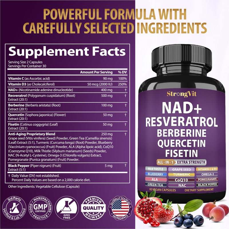 NAD Resveratrol Supplement for Women & Men. Support Cellular Health, Energy + Healthy Aging. Advanced Formula, Plus Third-Party Lab Tested in USA (60 Capsules) 60 Count (Pack of 1)
