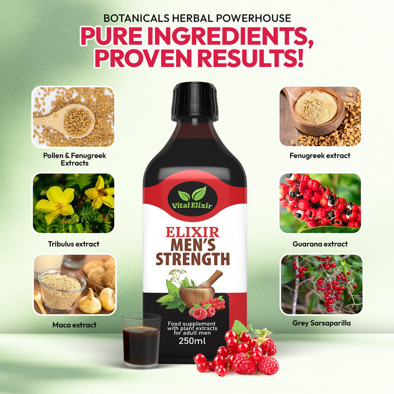 Elixir Men’s Strength Herbal Supplement with Tribulus Terrestris, Maca Root, Zinc & Vitamin C for Energy & Vitality, Mens Health Supplements with Guarana, Vegan, Gluten-Free - 250ml