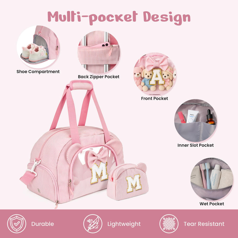 Elilier 5 Year Old Girl Birthday Gift, Dance Bag with Makeup Bag, Letter P | Girls Duffle Bag, Preppy Gifts for 5-8 Year Old Girl, Overnight Bag for Girls, Initial Travel Duffel Bag for Kids Pink