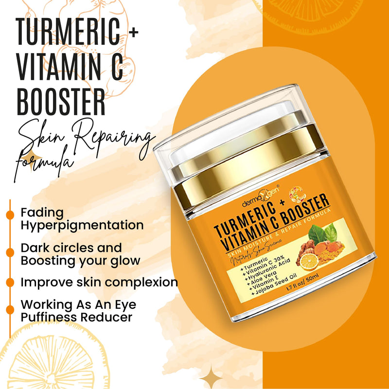 Turmeric Face Cream with 30% Vitamin C – Glow Booster, Anti-Aging & Skin Repair Moisturizer for Dark Spots, Hydration & Radiance – Vitamin C Cream for All Skin Types (1.7 fl oz) Turmeric Booster Cream