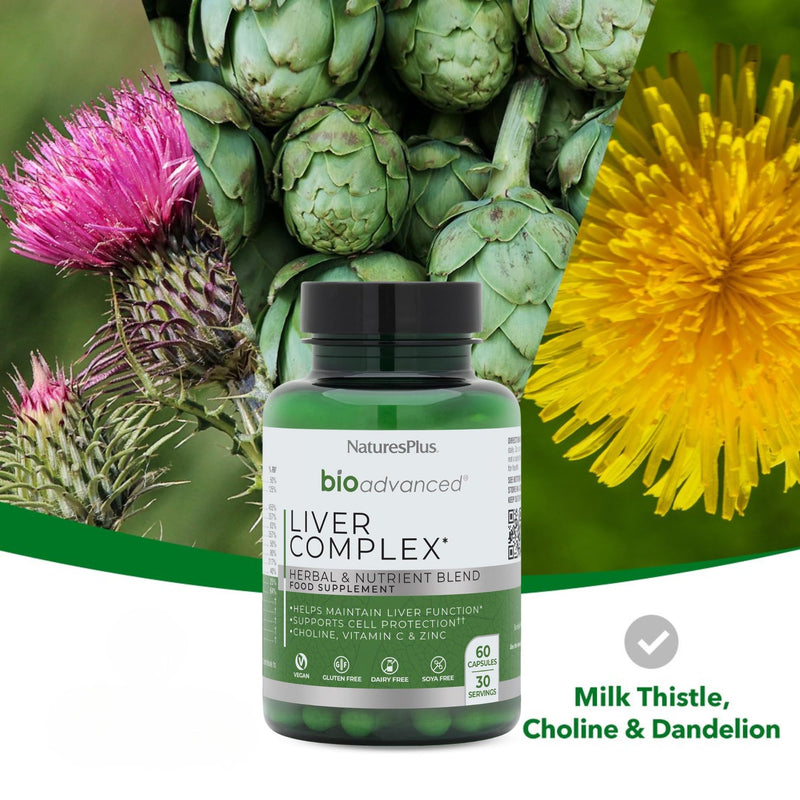 NaturesPlus Bio Advanced Liver Complex - Liver Supplement with Turmeric, Artichoke, Milk Thistle, Dandelion, Choline, Methyl B12, Folate, VIT C - Gluten, Dairy, Soy Free - Vegan, 60 Capsules