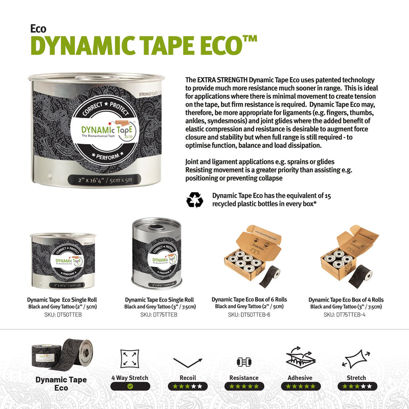 Dynamic Tape Eco | Biomechanical Adhesive Tape | Physio Tape for Knee, Ankle, Shoulder, Leg, Muscle Support | Sports Tape for Football, Rugby, Ideal for Athletes |Grey & Black - 3" (1) 1