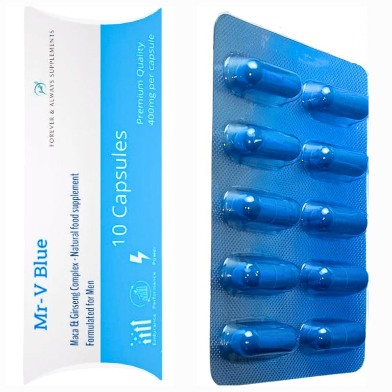 10 x Pills - MR-V Blue high Strength 400mg Natural Supplement for Men - Ginseng & Maca Ultra Strong Fast Acting Male Capsules/Tablets - Stronger, Harder & Firmer 10 count (Pack of 1)