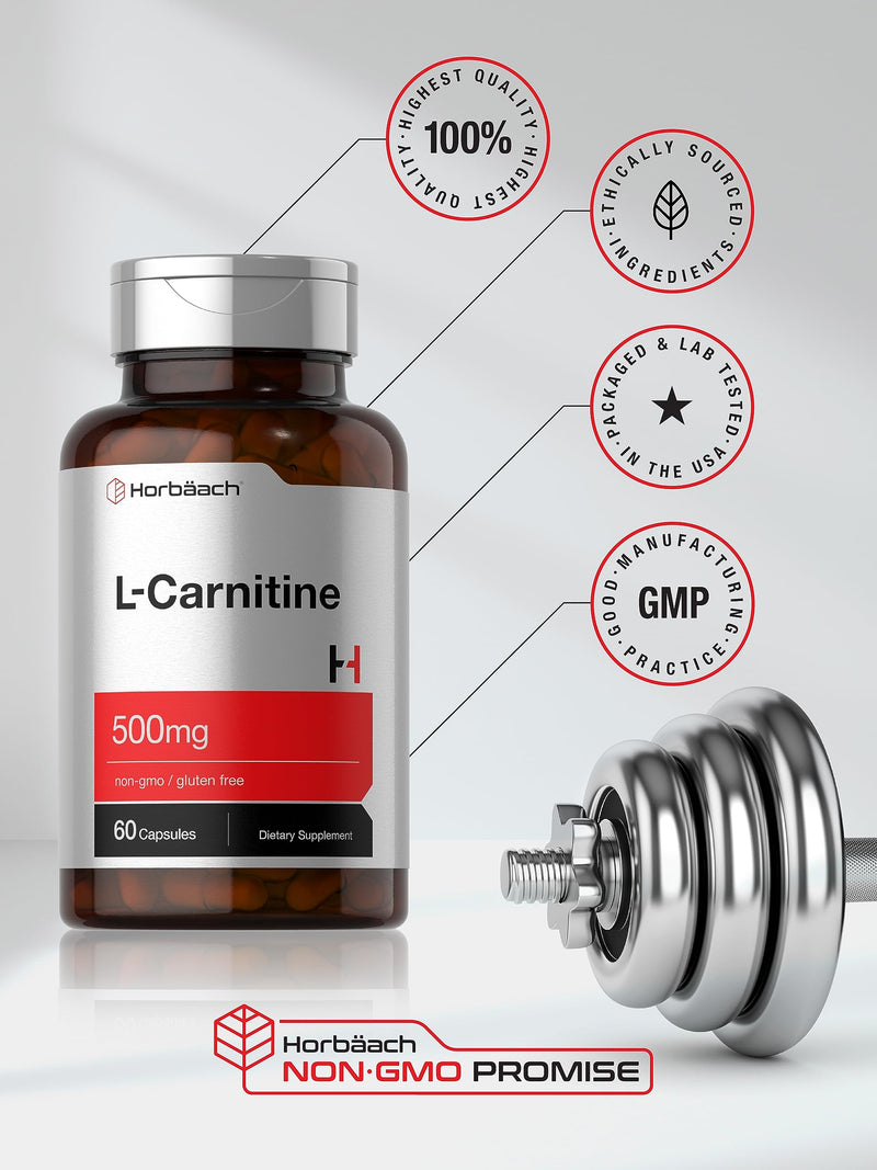 Horbäach L Carnitine Supplement 500mg | 60 Capsules | as L-Carnitine L-Tartrate | Non-GMO and Gluten Free