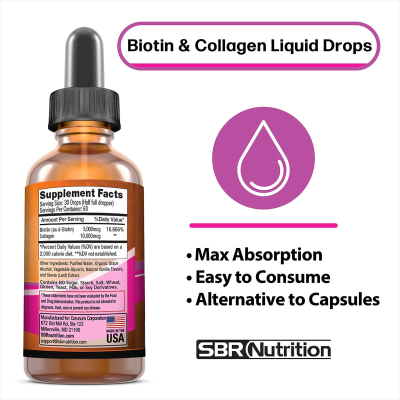 SBR Nutrition Biotin and Collagen Liquid Drops Daily Food Supplement, Vitamins for Hair Growth and Thickening, Skin Health and Nail Strength, 2 oz (60mL)