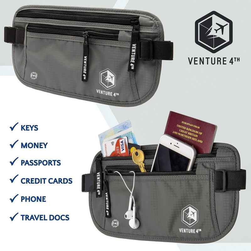 VENTURE 4TH Travel Money Belt Bundle Black and Gray - Slim Passport Holder RFID Blocking Travel Pouch to Protect Cash, Credit Cards and Travel Documents