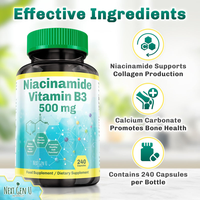 NGU Next Gen U Vitamin B3-500 mg, 240 Capsules - Niacinamide - Dietary Health Food Supplement for Healthy Skin