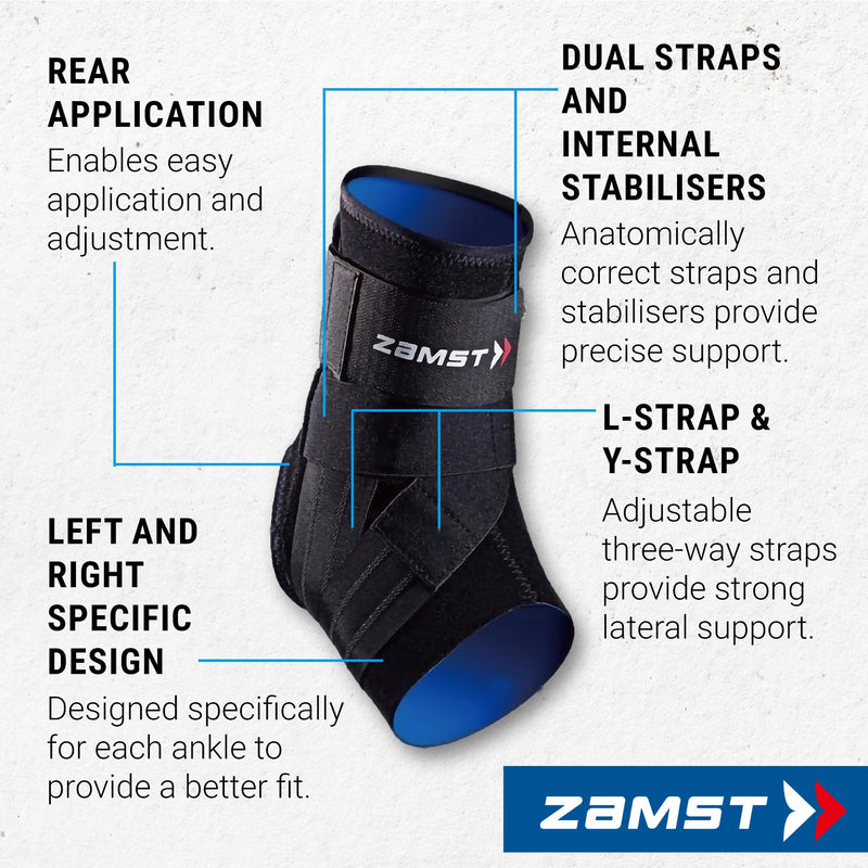 Zamst A1 Black Ankle Brace for Sports - Breathable Sports Ankle Support for Men and Women with Adjustable Three Way Straps for Moderate Lateral Ankle Sprain - Left, Medium Black - Left