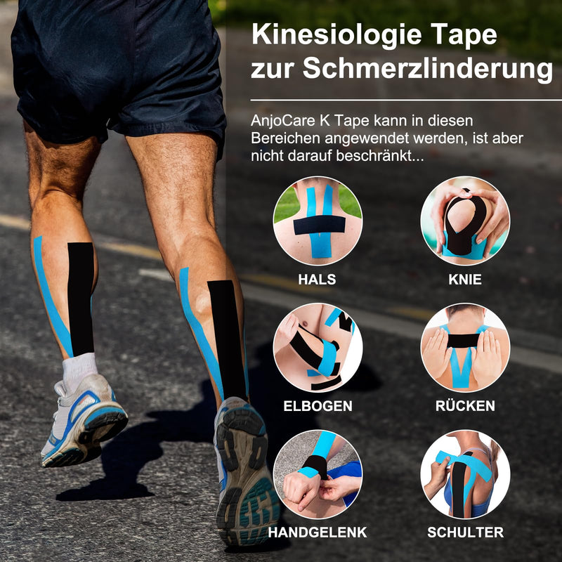[Australia] - AnjoCare Kinesiology Tape (Uncut), Elastic Therapeutic Sports Tapes for Muscles and Joints, Physio Tape for Shoulder, Ankle, Elbow and Knee Support (2 Rolls 5M x 5CM) Blue + Black Uncut (Blue + Black) 