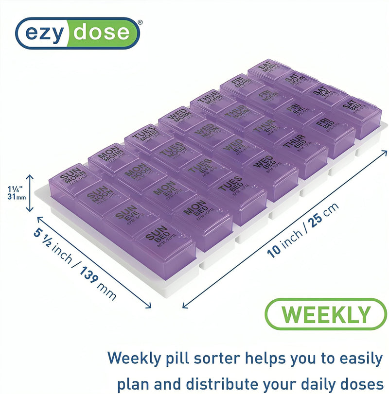EZY DOSE Weekly (7-Day) Pill Case, Medicine Planner, Vitamin Organizer, Large Pop-Out Compartments, 4 Times a Day, Convenient and Easy to Use, Color May Vary, BPA Free