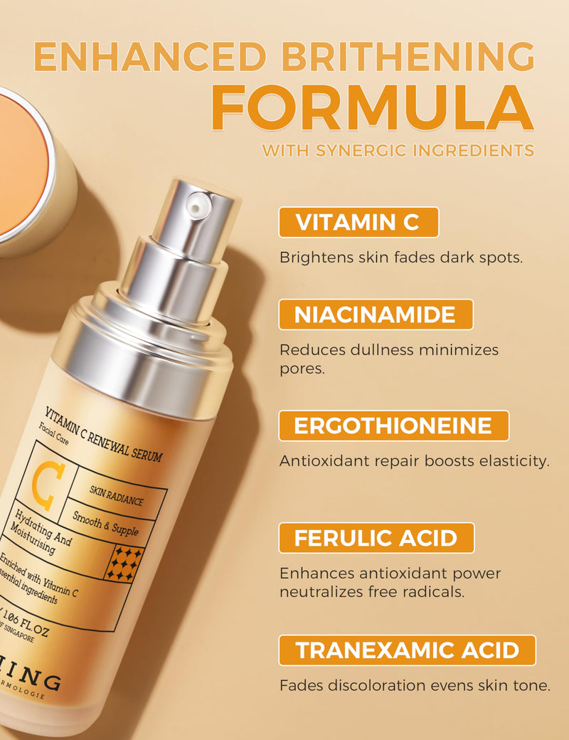 NING DERMOLOGIE Vitamin C Serum with Niacinamide & Ethyl Ascorbic Acid | Brightening, Moisturizing Face Serum for Dark Spot | Hyperpigmentation & Anti-Aging Treatment | Korean Synergy Formula 1.01oz
