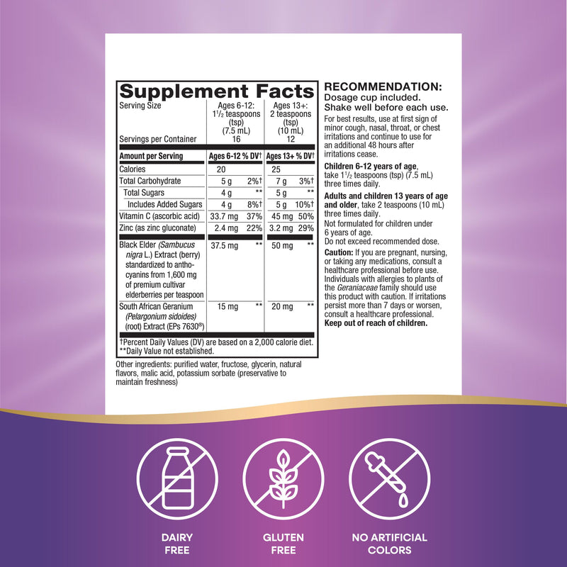 Nature's Way Sambucus Cough Relief +(1) Immune* Syrup, Vegan, 4 fl oz | Feel Better Faster(1) Clinically Proven South African Geranium, with Elderberry Extract, Vitamin C & Zinc 4 Ounce