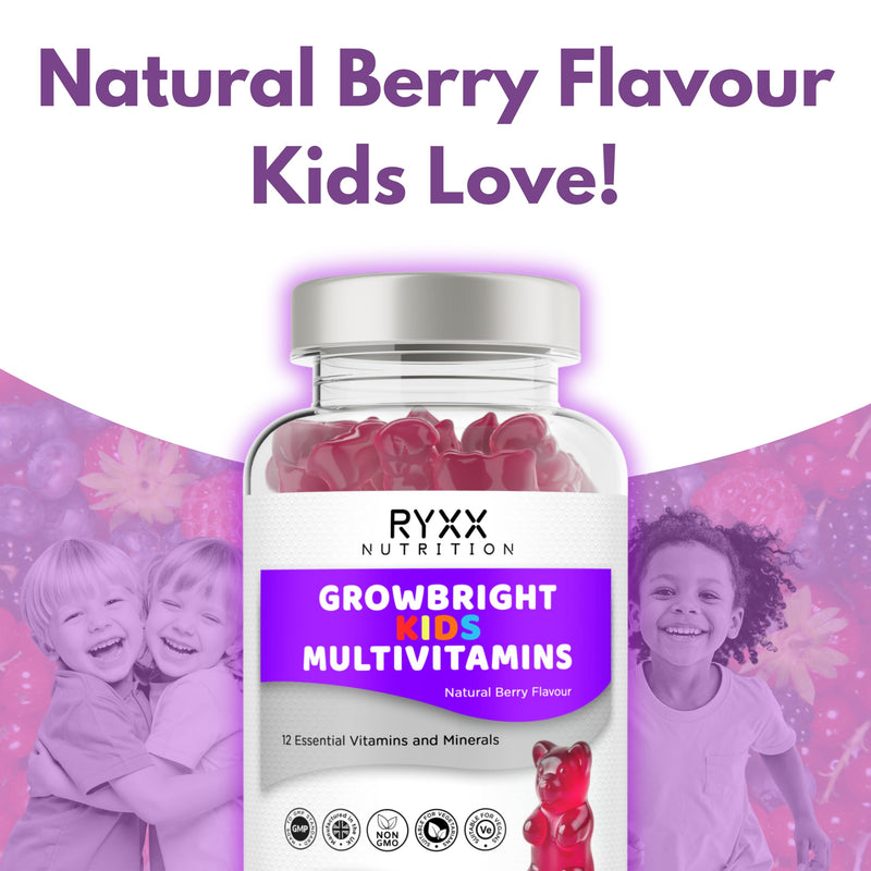 RYXX GrowBright Kids Multivitamins | 12 Essential Vitamins & Minerals | Natural Berry Flavour Gummies | Immune & Growth Support | 60 Vegan-Friendly Gummies | Made in the UK