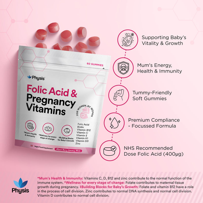 Physis Folic Acid Pregnancy Vitamins | Vegan Prenatal Vitamins for Women | Pregnancy Gummies with Folic Acid and B12 | Folate Vitamin Bs C D E K & Zinc | 60 Berry Soft Chews | Pregnancy Supplements