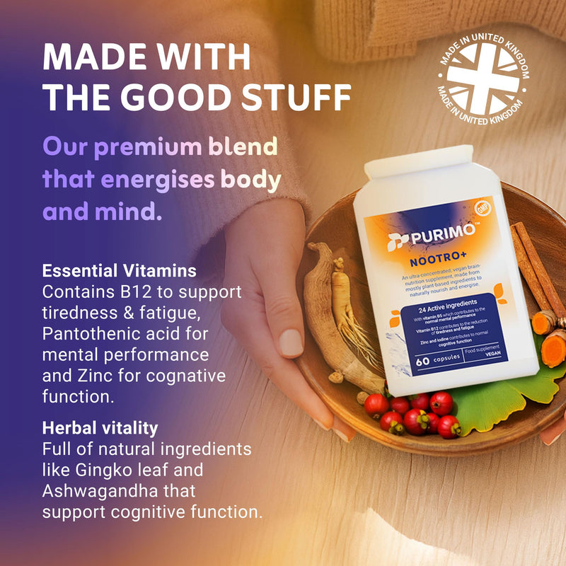 Nootro+ Nootropic Brain Supplement | Nootrpoics | for Focus, Energy, Mental Performance, Memory | 24 Active Ingredients | Guarana, Bacopa, Ginko, Caffeine, L-theanine, Green Tea Leaf, Vitamin B12